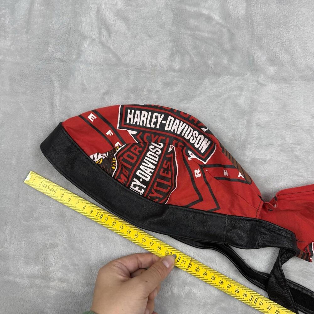VTG Harley Davidson Red Do Rag Bandana Headwrap Leather Trim Motorcycle Gear Y2K - Picture 11 of 11